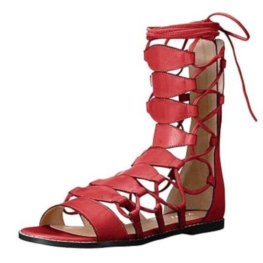 YDN Red Sexy Ankle High Gladiator Sandals for Women Lace up Open toe Flats Zips